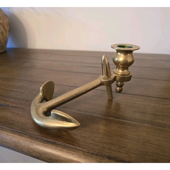 The Unbranded Brand Other - Vintage Nautical Solid Brass Anchor Candlestick Candle Holder Boat Yacht Decor